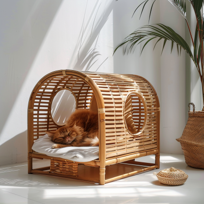 Double-layer cat bed, solid wood cat bed, all-season, semi-enclosed rattan cat bed, home cat, villa cat, cat house cat house - Image 7