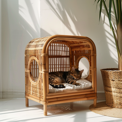 Double-layer cat bed, solid wood cat bed, all-season, semi-enclosed rattan cat bed, home cat, villa cat, cat house cat house - Image 9
