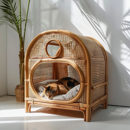 Double-layer cat bed, solid wood cat bed, all-season, semi-enclosed rattan cat bed, home cat, villa cat, cat house cat house - Image 6
