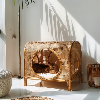 Double-layer cat bed, solid wood cat bed, all-season, semi-enclosed rattan cat bed, home cat, villa cat, cat house cat house - Image 8