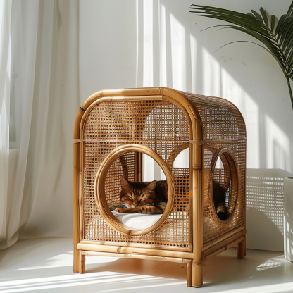 Solid wood cat bed, Chinese-style rattan cat bed, semi-enclosed breathable cat villa, cat house, all-season, creative appearance, horizontal cat bed - Image 6