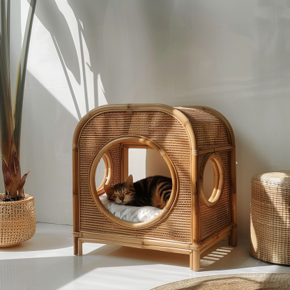 Solid wood cat bed, Chinese-style rattan cat bed, semi-enclosed breathable cat villa, cat house, all-season, creative appearance, horizontal cat bed - Image 6