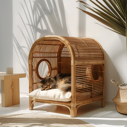 Double-layer cat bed, solid wood cat bed, all-season, semi-enclosed rattan cat bed, home cat, villa cat, cat house cat house - Image 6