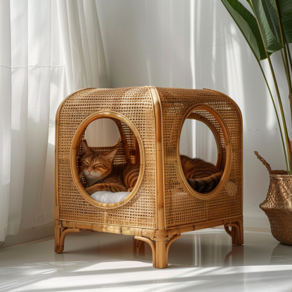 Solid wood cat bed, Chinese-style rattan cat bed, semi-enclosed breathable cat villa, cat house, all-season, creative appearance, horizontal cat bed - Image 7