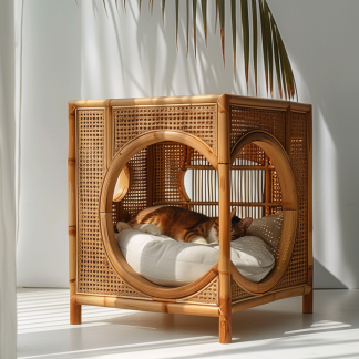 Solid wood cat bed, Chinese-style rattan cat bed, semi-enclosed breathable cat villa, cat house, all-season, creative appearance, horizontal cat bed