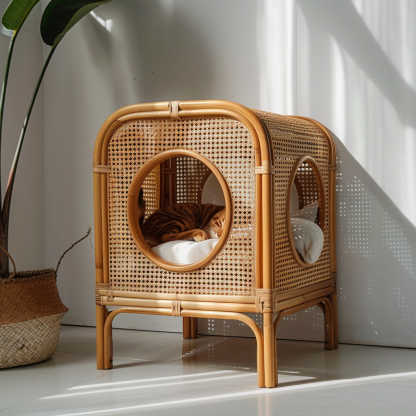 Solid wood cat bed, Chinese-style rattan cat bed, semi-enclosed breathable cat villa, cat house, all-season, creative appearance, horizontal cat bed - Image 3