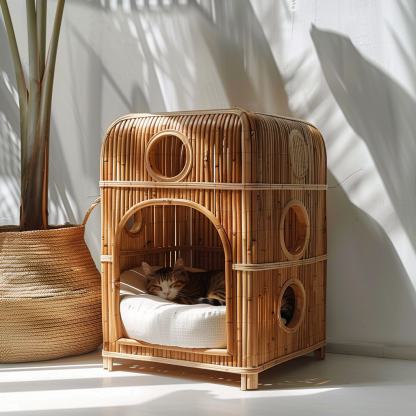 Double-layer cat bed, solid wood cat bed, all-season, semi-enclosed rattan cat bed, home cat, villa cat, cat house cat house - Image 6