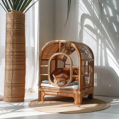 Rattan pet tent, all-season cat bed, cat cage, summer pet bed, semi-enclosed indoor cat house, cat house - Image 9