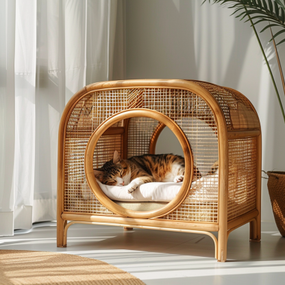 Solid wood cat bed, Chinese-style rattan cat bed, semi-enclosed breathable cat villa, cat house, all-season, creative appearance, horizontal cat bed - Image 9