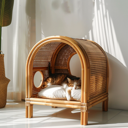 Solid wood cat bed, Chinese-style rattan cat bed, semi-enclosed breathable cat villa, cat house, all-season, creative appearance, horizontal cat bed - Image 8