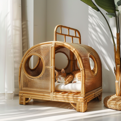Double-layer cat bed, solid wood cat bed, all-season, semi-enclosed rattan cat bed, home cat, villa cat, cat house cat house - Image 5