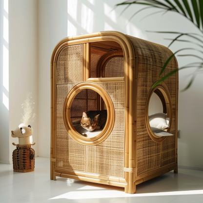 Cat climbing frame, scratch-resistant rattan cat house, closed double-layer cat bed, cat bed, red wall