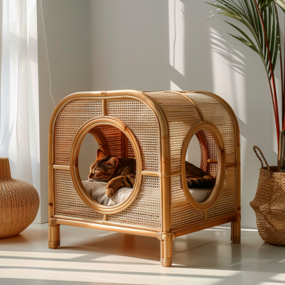 Solid wood cat bed, Chinese-style rattan cat bed, semi-enclosed breathable cat villa, cat house, all-season, creative appearance, horizontal cat bed - Image 9