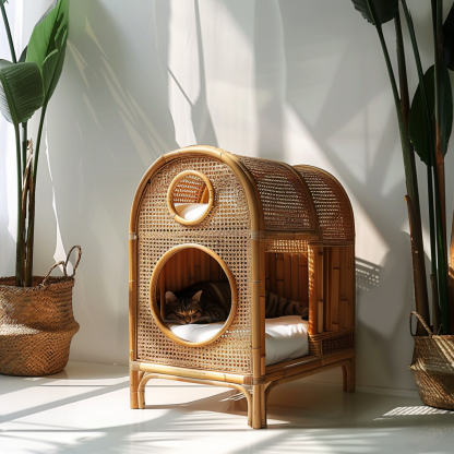 Double-layer cat bed, solid wood cat bed, all-season, semi-enclosed rattan cat bed, home cat, villa cat, cat house cat house - Image 3