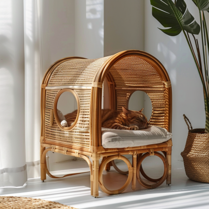 Double-layer cat bed, solid wood cat bed, all-season, semi-enclosed rattan cat bed, home cat, villa cat, cat house cat house - Image 5
