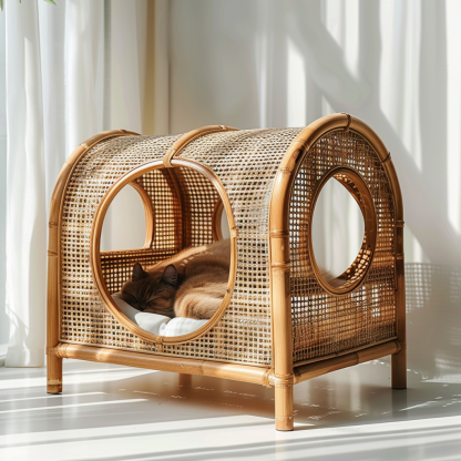 Double-layer cat bed, solid wood cat bed, all-season, semi-enclosed rattan cat bed, home cat, villa cat, cat house cat house - Image 3