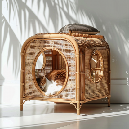 Double-layer cat bed, solid wood cat bed, all-season, semi-enclosed rattan cat bed, home cat, villa cat, cat house cat house - Image 2