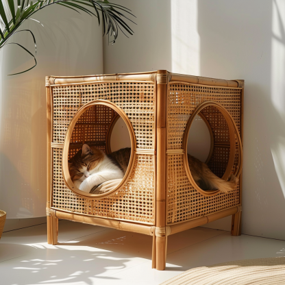 Solid wood cat bed, Chinese-style rattan cat bed, semi-enclosed breathable cat villa, cat house, all-season, creative appearance, horizontal cat bed - Image 5