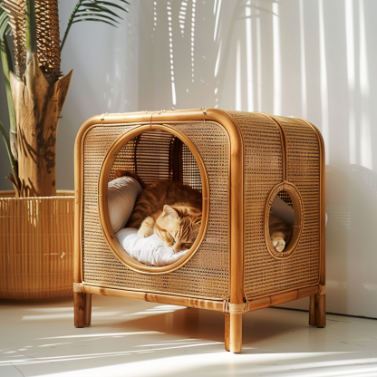 Solid wood cat bed, Chinese-style rattan cat bed, semi-enclosed breathable cat villa, cat house, all-season, creative appearance, horizontal cat bed - Image 4
