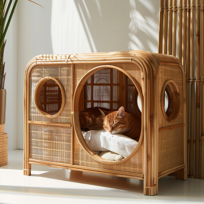 Solid wood cat bed, Chinese-style rattan cat bed, semi-enclosed breathable cat villa, cat house, all-season, creative appearance, horizontal cat bed - Image 4
