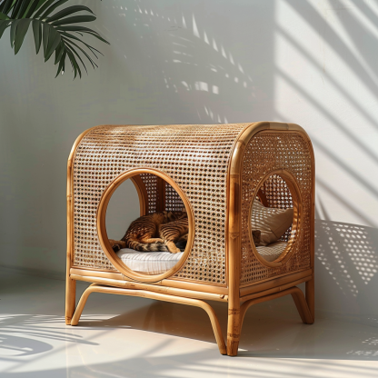 Solid wood cat bed, Chinese-style rattan cat bed, semi-enclosed breathable cat villa, cat house, all-season, creative appearance, horizontal cat bed - Image 4