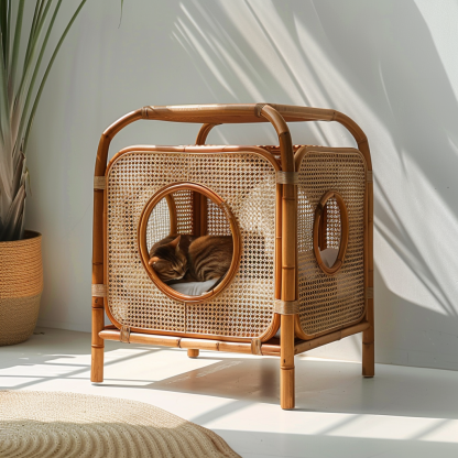 Double-layer cat bed, solid wood cat bed, all-season, semi-enclosed rattan cat bed, home cat, villa cat, cat house cat house - Image 2