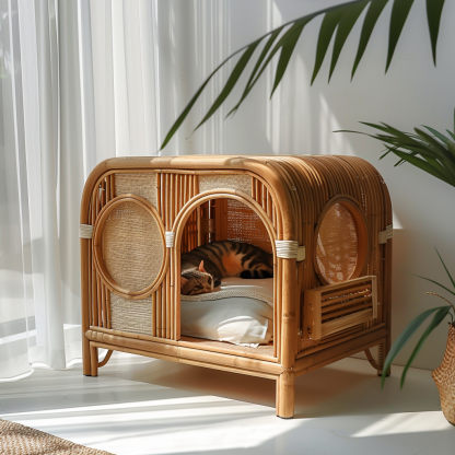 Double-layer cat bed, solid wood cat bed, all-season, semi-enclosed rattan cat bed, home cat, villa cat, cat house cat house - Image 2