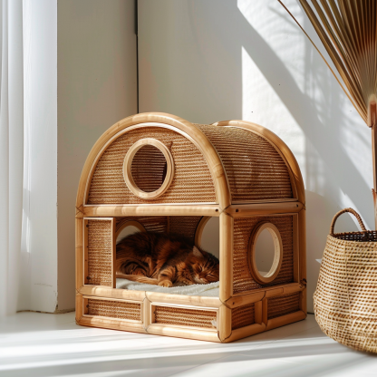 Solid wood cat bed, Chinese-style rattan cat bed, semi-enclosed breathable cat villa, cat house, all-season, creative appearance, horizontal cat bed - Image 4