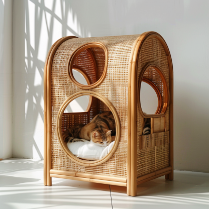 Solid wood cat bed, Chinese-style rattan cat bed, semi-enclosed breathable cat villa, cat house, all-season, creative appearance, horizontal cat bed - Image 3
