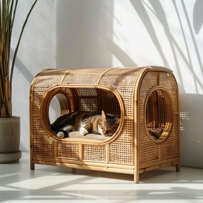 Solid wood cat bed, Chinese-style rattan cat bed, semi-enclosed breathable cat villa, cat house, all-season, creative appearance, horizontal cat bed - Image 3