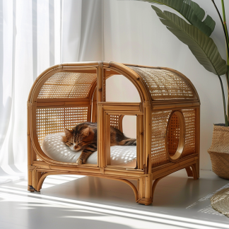 Double-layer cat bed, solid wood cat bed, all-season, semi-enclosed rattan cat bed, home cat, villa cat, cat house cat house