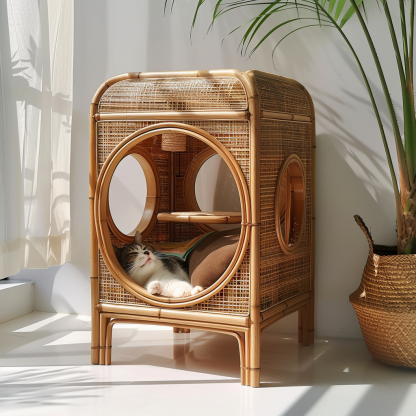Double-layer cat bed, solid wood cat bed, all-season, semi-enclosed rattan cat bed, home cat, villa cat, cat house cat house - Image 2
