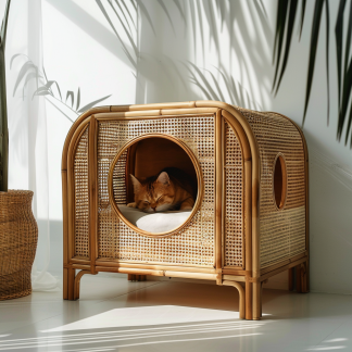 Solid wood cat bed, Chinese-style rattan cat bed, semi-enclosed breathable cat villa, cat house, all-season, creative appearance, horizontal cat bed
