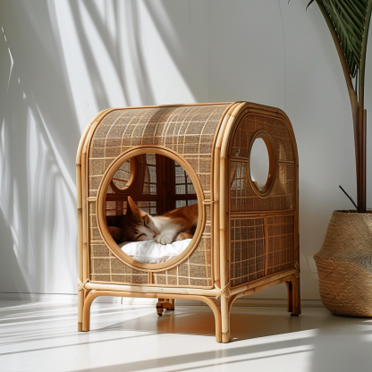 Solid wood cat bed, Chinese-style rattan cat bed, semi-enclosed breathable cat villa, cat house, all-season, creative appearance, horizontal cat bed - Image 5