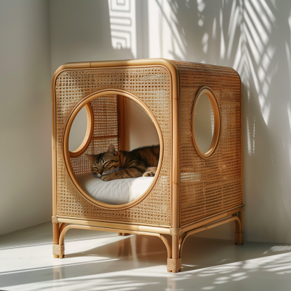 Solid wood cat bed, Chinese-style rattan cat bed, semi-enclosed breathable cat villa, cat house, all-season, creative appearance, horizontal cat bed - Image 4