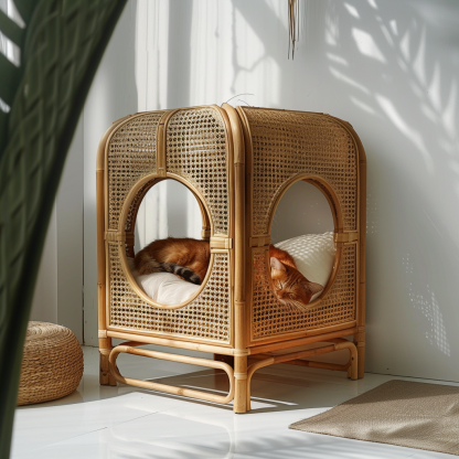 Solid wood cat bed, Chinese-style rattan cat bed, semi-enclosed breathable cat villa, cat house, all-season, creative appearance, horizontal cat bed - Image 3