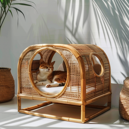 Solid wood cat bed, Chinese-style rattan cat bed, semi-enclosed breathable cat villa, cat house, all-season, creative appearance, horizontal cat bed - Image 3