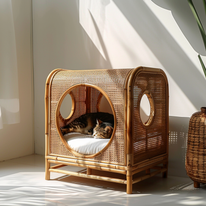 Double-layer cat bed, solid wood cat bed, all-season, semi-enclosed rattan cat bed, home cat, villa cat, cat house cat house - Image 5