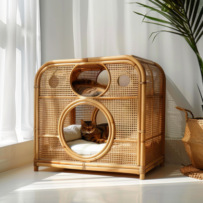 Solid wood cat bed, Chinese-style rattan cat bed, semi-enclosed breathable cat villa, cat house, all-season, creative appearance, horizontal cat bed - Image 2
