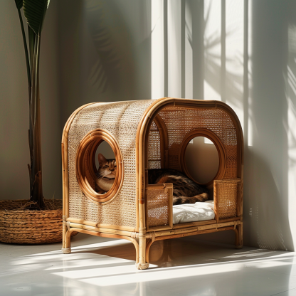 Double-layer cat bed, solid wood cat bed, all-season, semi-enclosed rattan cat bed, home cat, villa cat, cat house cat house - Image 7