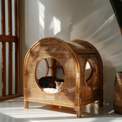 Double-layer cat bed, solid wood cat bed, all-season, semi-enclosed rattan cat bed, home cat, villa cat, cat house cat house - Image 6