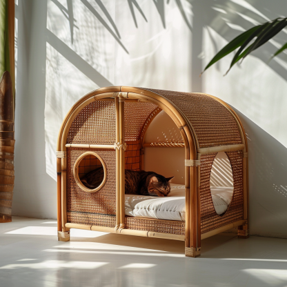 Solid wood cat bed, Chinese-style rattan cat bed, semi-enclosed breathable cat villa, cat house, all-season, creative appearance, horizontal cat bed - Image 2