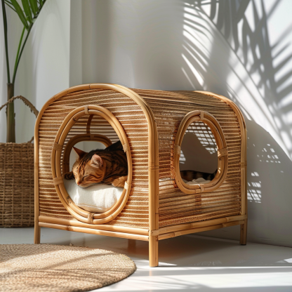 Rattan cat bed, all-season, closed cat bed, cat cage, cat villa, double-layer cat bed, warm cat bed in autumn and winter, cat - Image 4