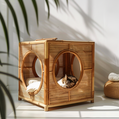 Double-layer cat bed, solid wood cat bed, all-season, semi-enclosed rattan cat bed, home cat, villa cat, cat house cat house - Image 5