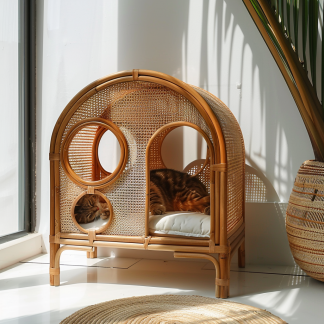 Double-layer cat bed, solid wood cat bed, all-season, semi-enclosed rattan cat bed, home cat, villa cat, cat house cat house