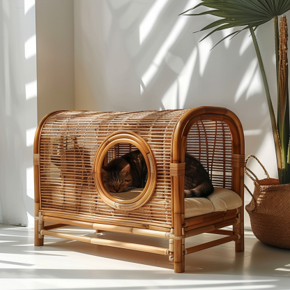 Double-layer cat bed, solid wood cat bed, all-season, semi-enclosed rattan cat bed, home cat, villa cat, cat house cat house - Image 3