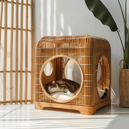 Double-layer cat bed, solid wood cat bed, all-season, semi-enclosed rattan cat bed, home cat, villa cat, cat house cat house - Image 2