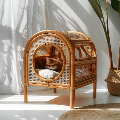 Double-layer cat bed, solid wood cat bed, all-season, semi-enclosed rattan cat bed, home cat, villa cat, cat house cat house - Image 3