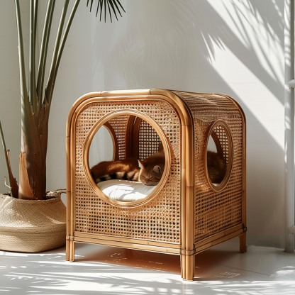 Double-layer cat bed, solid wood cat bed, all-season, semi-enclosed rattan cat bed, home cat, villa cat, cat house cat house - Image 4