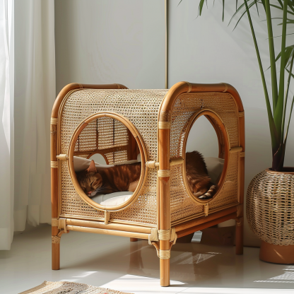Double-layer cat bed, solid wood cat bed, all-season, semi-enclosed rattan cat bed, home cat, villa cat, cat house cat house - Image 2